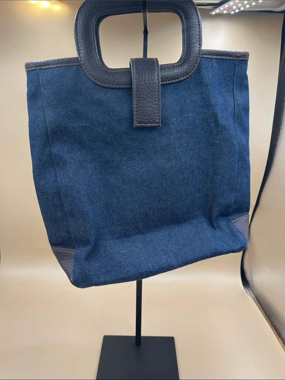 Blue Canvas Tote with Black Leather Trim